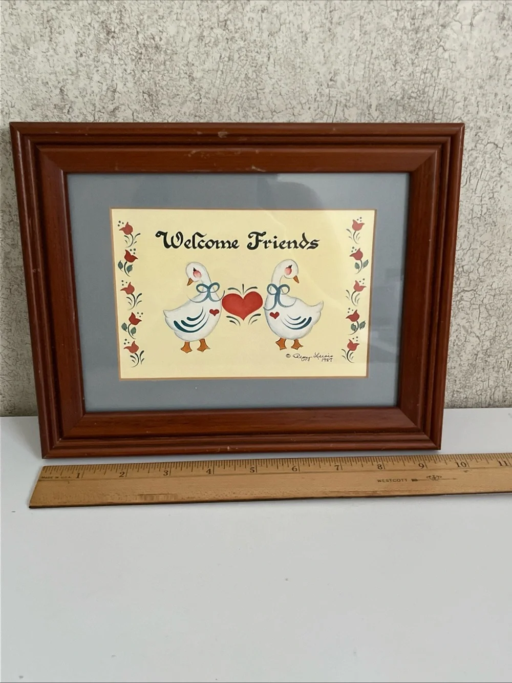 Wooden Framed Folk Art Blue Geese Welcome Friends Pennsylvania Dutch Americana